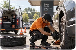 Mechanic assisting roadside wheel repair