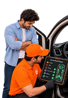 Mechanic reviewing vehicle health scan report with customer