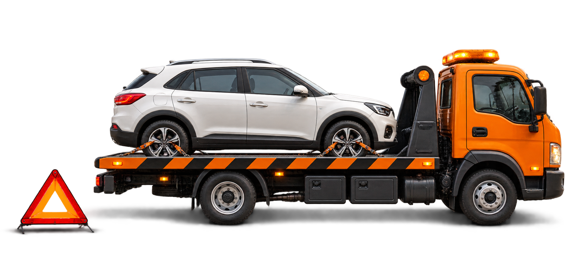 Instant Mechanic flatbed tow truck carrying a car, with a warning triangle
