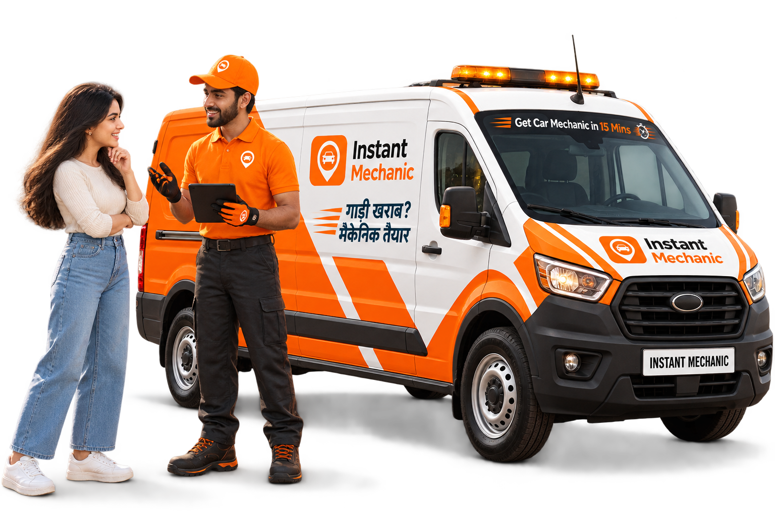 Instant Mechanic mechanic with a customer beside the mobile service van